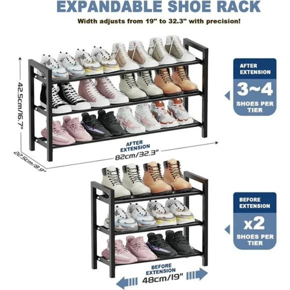 Expandable shoe rack 3 tier adjustable shoe organizer for closet entryway storag